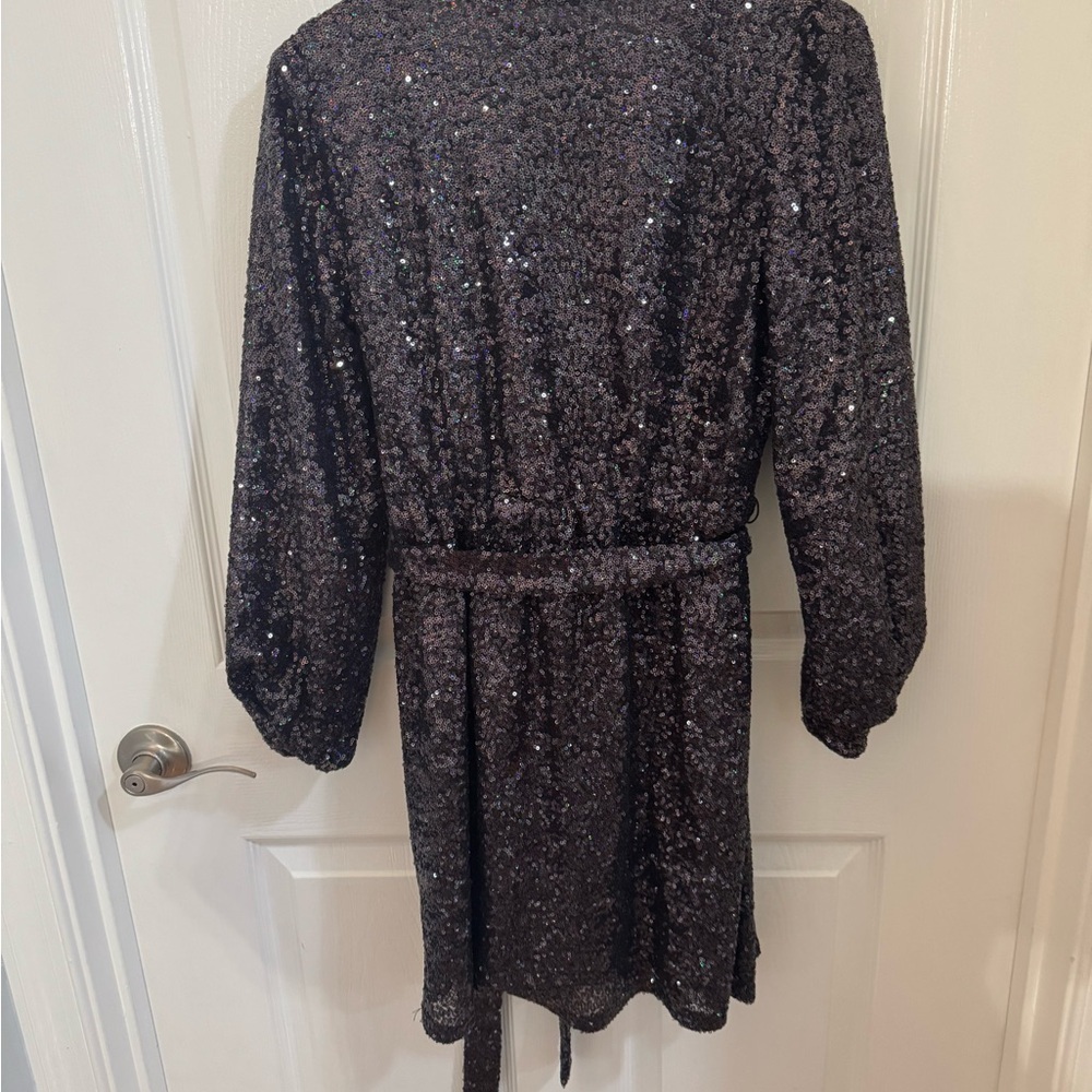 LOFT Shimmering Black Sequin Belted Dress Party Holiday Festival - Picture 5 of 7